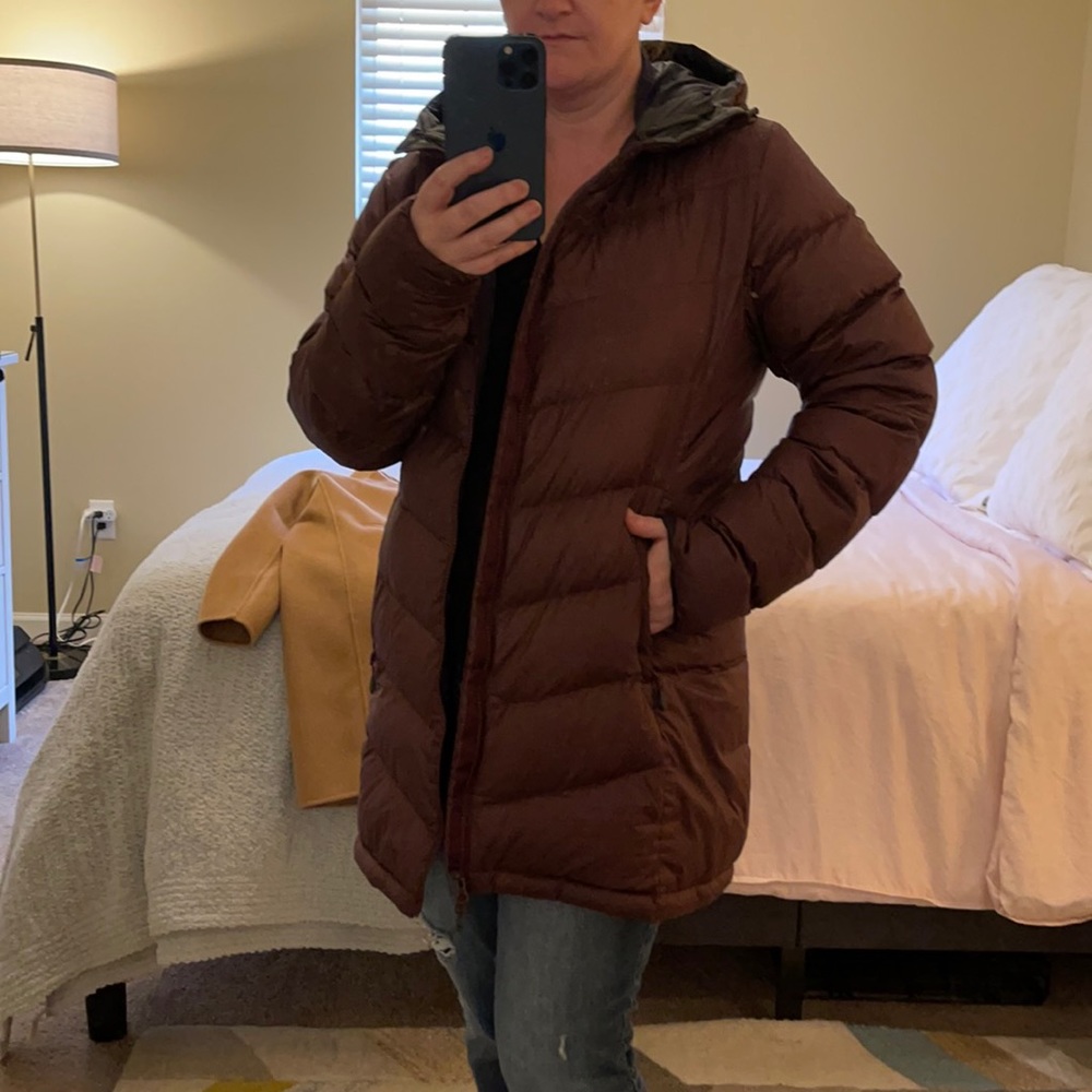 Outdoor Research. Knee-length puffer coat.